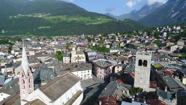 Valtellina, village of Bormio and Kuerc square. Aerial view
