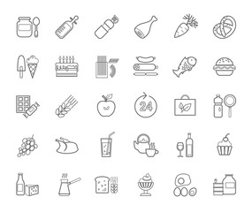 Food, contour icons, vector. Food and drinks, production and sale. Gray line drawings on a white field. Vector clip art. 