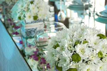Decorated flower bouquet in a wedding hall