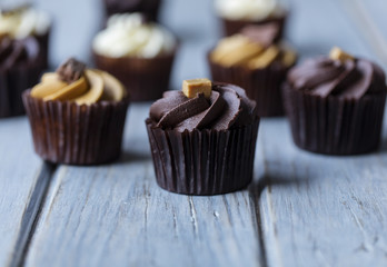 Cupcakes decorated with chocolate,caramel and vanilla icing on a wooden background