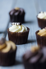 Cupcakes decorated with chocolate,caramel and vanilla icing on a wooden background