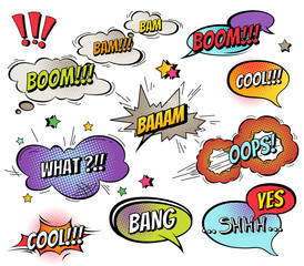 Comic speech bubbles and splashes set with different emotions and text Vector bright dynamic cartoon illustrations isolated on white background