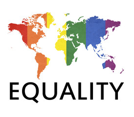 Equality text design illustration with world map decoration in rainbow colors on white background