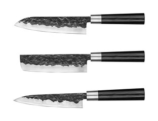 Set of Japanese steel kitchen knives damascus, isolated on white background with clipping path....