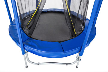 Open closeup trampoline for children and adults for fun indoor or outdoor fitness jumping on white...