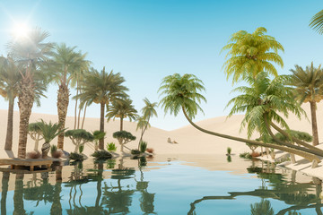 Fototapeta na wymiar Oasis and Palm Trees in Desert, 3D Rendering
