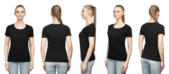 Set promo pose girl in blank black tshirt mockup design for print and concept template young woman in T-shirt front and half turn side back view isolated white background