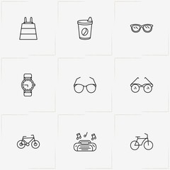 Hipster line icon set with spectacles, bicycle and watch