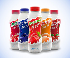 Set of drink nonfat yogurt bottle with fruit and berry flavor, commercial vector advertising mock-up hyperrealistic illustration