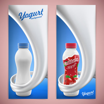 Cranberry drinking yogurt ads with natural taste and flavor with splashing milk swirl commercial vector mock-up hyperrealistic illustration