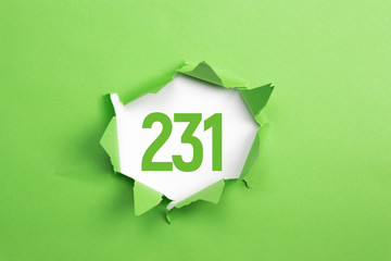 gruene Nummer 231 auf gruenem Papier