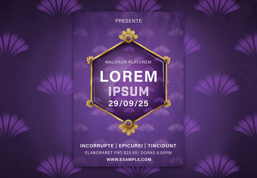 Poster Layout with Purple and Gold Crest Element