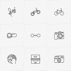 Hobbies line icon set with bicycle, piano and video camera with display