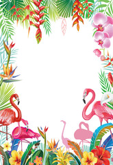 Frame from tropical flowers and Flamingoes