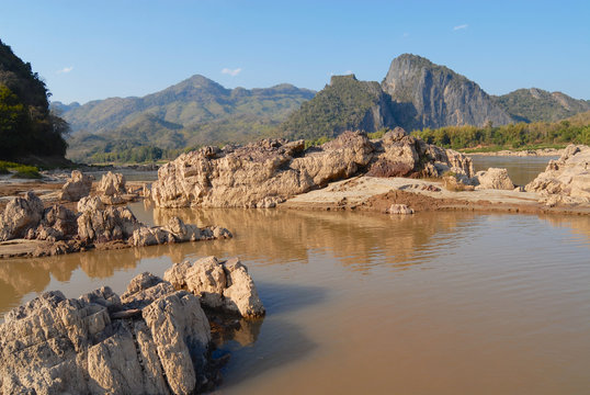 Landscapes of the Laos banks of Mekong near Luang Prabang.