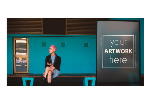 Woman Sitting on Bench with Billboard Mockup