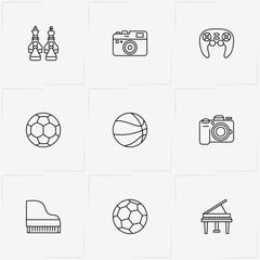 Hobbies line icon set with photo camera, soccer ball and game joystick