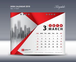 MARCH Desk Calendar 2019 Template, Week starts Sunday, Stationery design, flyer design vector, printing media creative idea design, red polygonal background concept, publication, advertisement