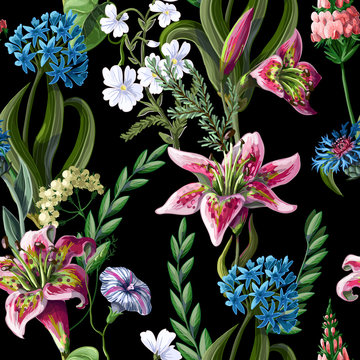 Seamless pattern with lilies and wild flowers. Vector illustration.