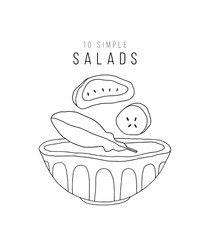 Salad bowl contour on the white background. Doodle kitchen illustration
