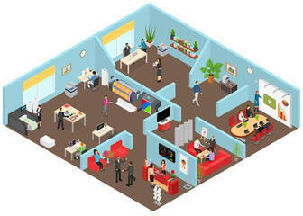 Media Creators Agency Interior with Furniture and People Isometric View. Vector
