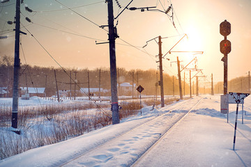 Winter railway.The railway was covered with snow on a winter evening.