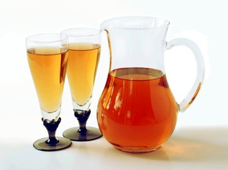tasty,sweet wine in jug and glasses
