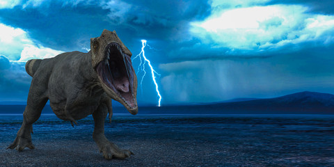 Naklejka premium t-rex w burzy dzikiego świata