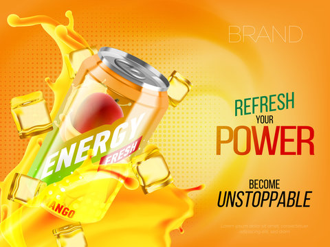 Mango cold energy drink in metal can with ice and juice splash advertising banner, soda water branding ready mockup high quality 3d vector realistic illustration