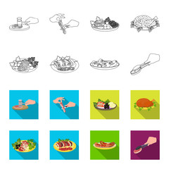 Fried chicken, vegetable salad, shish kebab with vegetables, fried sausages on a plate. Food and Cooking set collection icons in outline,flat style vector symbol stock illustration web.