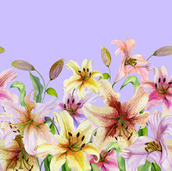 Beautiful lily flowers with green leaves on lilac background. Seamless floral pattern. Watercolor painting. Hand drawn and painted illustration.