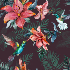 Obrazy na Szkle  Piękne kolorowe kolibry latające i czerwone kwiaty lilii na brązowym tle. Egzotyczny tropikalny wzór. Malarstwo akwarelowe. Ręcznie malowane ilustracja.