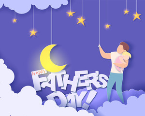 Handsome man and his daughter dreaming at the night. Happy fathers day card. Paper cut style. Vector illustration