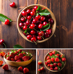 cherry strawberry Wooden plate spoon Vintage background