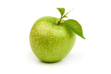 Kind granny smith apples with leaf and water drops, isolated on white background.