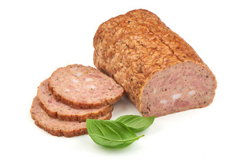 Baked meatloaf with boiled eggs, isolated on white background.