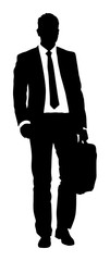 Confident leader standing. Businessman go to work vector silhouette illustration. Handsome man in suite with suitcase. Standing casual pose. Relaxed man walking. Young yuppie lawyer. Secret agent.