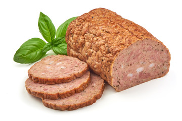 Baked meatloaf with boiled eggs, isolated on white background.