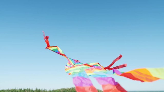 Rear view of a kite flying high in a blue sky close up. Bird's eye view