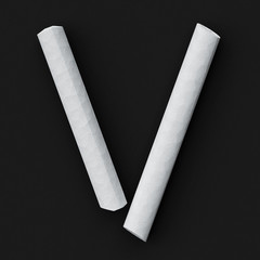 White blackboard chalks assembled capital letter V on rough blackboard, 3D rendered font image