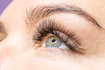 Obraz premium Piękna kobieta z długimi rzęsami w gabinecie kosmetycznym. Przedłużanie rzęs.