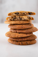 Chocolate cookies on white table. Chocolate chip cookies shot.