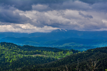 Ukrainian Carpathians on a cloudy day, storm clouds - a mountain landscape.