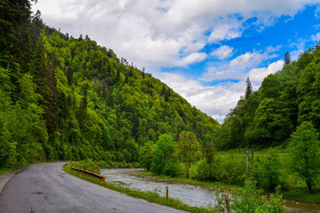 Obraz premium Asphalt road and the river in the Carpathians, the sky in the clouds.