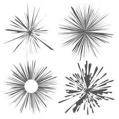 Set of vector shapes with the effect of explosion, sunshine, starburst. Radial rays. Isolated on white background.