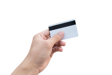 Man hand holding white credit card isolated on white background with clipping path