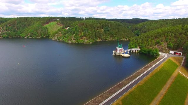 The Hracholusky dam with water power plant. The water reservoir on the river Mze. Source of renewable energy and popular recreational area in Western Bohemia. Czech Republic, Europe.