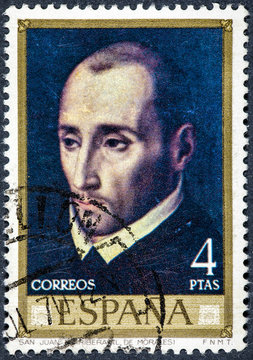 stamp printed by Spain shows Saint John from Ribera painted by Louis Morales