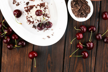 Chocolate cake with cherries and whipped cream. Black Forest cake