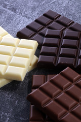 chocolate in different color. milk, dark and white chocolate bars